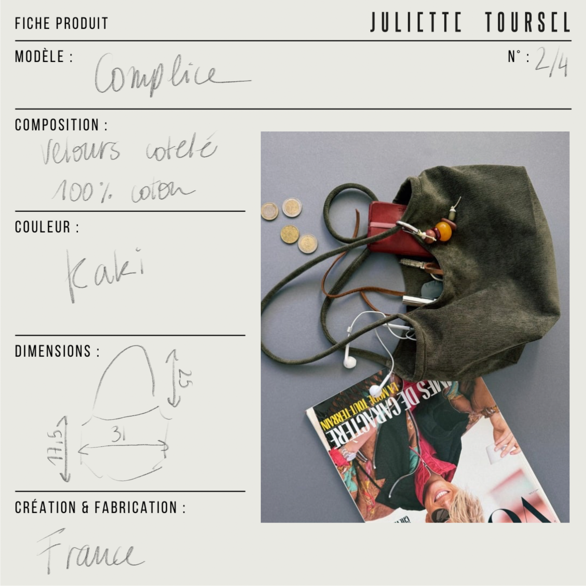 Sac Complice - Côtelé Kaki